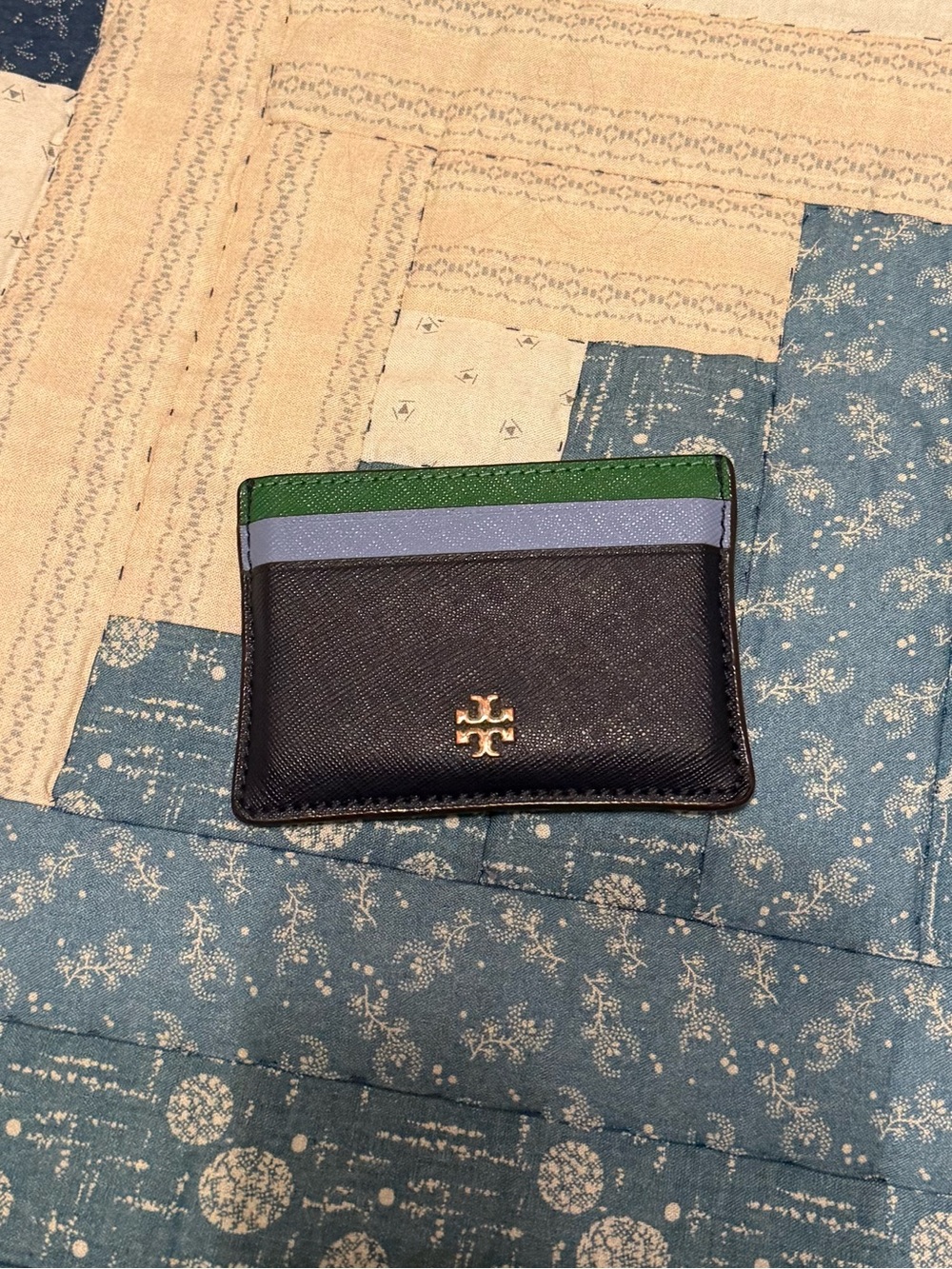 Tory Burch Navy Card Holder with Green and Light Blue Trim